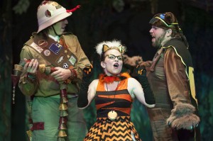 Snake (Vaughn Irving), Tiger (Tracey Stephens), and Bear (Doug Wilder) discuss what to do about Lulu in LULU AND THE BRONTOSAURUS at Imagination Stage. Photo Credit: Margot Schulman