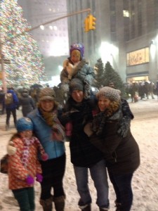 Note where the youngest WM'ette is perched...on a blustery night in Rockefeller Center