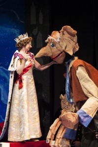 The Queen of England (Susan Lynskey) honors the BFG (James Konicek) for his courage in THE BFG at Imagination Stage. Photo Credit: Imagination Stage